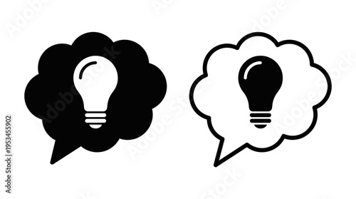 Minimalist speech bubble icons with light bulbs, symbolizing dialogue, brainstorming, innovation, communication, creative ideas, thought exchange.
