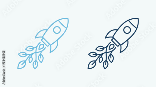 Minimalist eco rocket icons: blue outlines, green leaves exhaust, symbolizing sustainable technology, innovation, progress, environmental consciousness, clean energy.