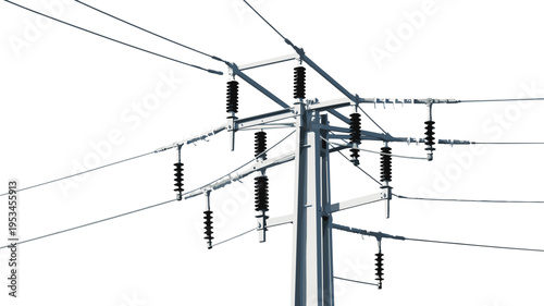 High‑voltage electrical power distribution pole with insulators, conductors, and switchgear assembly illustration, infrastructure icon for energy, engineering, utility systems,