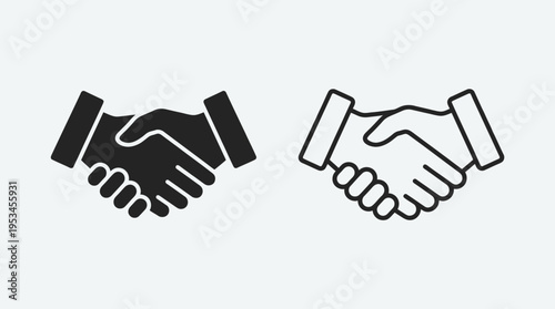 Minimalist handshake icons: solid black fill and outlined style, symbolizing agreement, partnership, unity, collaboration, cooperation, mutual understanding.