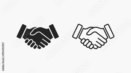 Minimalist handshake icons: solid black fill and outlined style, symbolizing agreement, partnership, unity, collaboration, cooperation, mutual understanding.