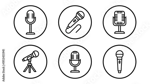 Minimalist black outline microphone icons: studio, handheld, corded, stand, rounded top, grid pattern, modern audio recording, broadcasting, performance.