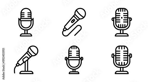Minimalist black outline microphone icons: studio, handheld, corded, stand, rounded top, grid pattern, modern audio recording, broadcasting, performance.