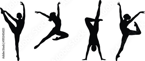 Ballet dancer silhouette set with graceful poses including leap arabesque and handstand, elegant female dance collection, black vector illustration isolated on white background