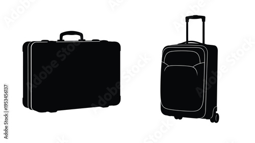 Two suitcases a hard shell and a roller bag in silhouette