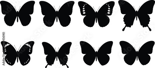 Butterfly silhouette set with various wing shapes and patterns, elegant insect collection, black vector illustration isolated on white background for design and decoration