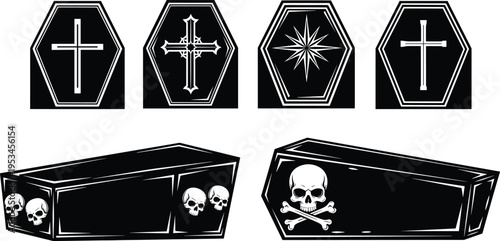 Coffin and tomb icon set with crosses skull and gothic elements, funeral and Halloween concept, black vector illustration collection isolated on white background