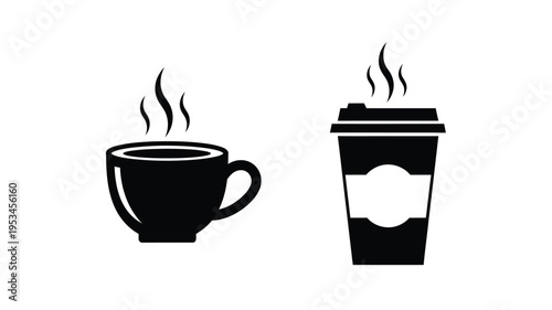Two black coffee containers with rising steam a striking silhouette