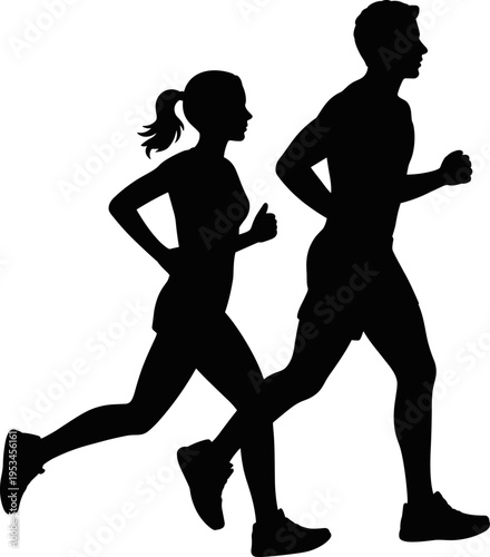 Man and woman running silhouettes isolated on white background, fitness jogging couple workout activity concept, flat vector illustration