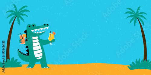 Green cartoon crocodile holding tropical cocktail on sandy beach with palm tree. Funny alligator character on summer vacation illustration. Holiday travel concept and background banner.