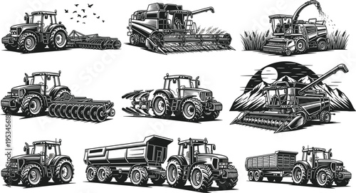 Agricultural machinery silhouette set with tractors combine harvester forage chopper and trailers, farming equipment in field, vintage engraving style vector illustration collection