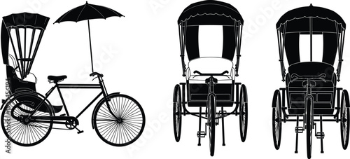 Cycle rickshaw and rickshaw cart silhouettes with canopy and umbrella, traditional urban transport vehicle set, black vector illustration isolated on white background