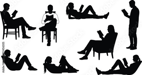 People reading books silhouette set with various poses sitting standing and lying, education and leisure concept, black vector illustration isolated on white 