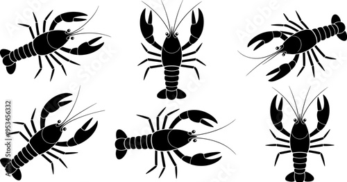 Lobster silhouettes set, seafood crustacean collection, marine animal illustration, black lobster icons, ocean life design, isolated vector illustration