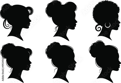 Set of female profile silhouettes with diverse hairstyles including afro bun and curls, elegant women head icons collection, black vector illustration isolated on white background