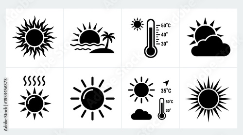 Weather Icons Vector – Thermometer, Barometer, Rain Gauge, Satellite, Anemometer, Radar, Station, Climate Sensor Graphic

