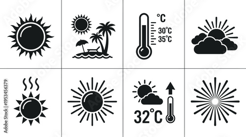 Weather Icons Vector – Thermometer, Barometer, Rain Gauge, Satellite, Anemometer, Radar, Station, Climate Sensor Graphic
