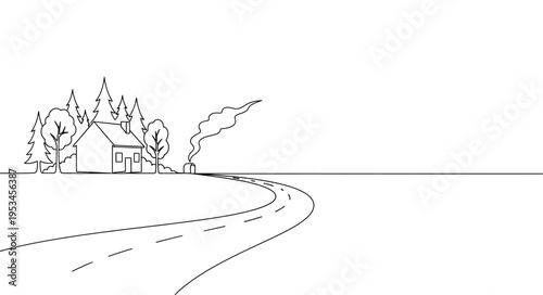 Minimalist landscape with a house trees and winding road silhouette