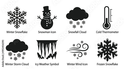 Weather Icons Vector – Snowflake, Snowman, Snowfall, Cold Temperature, Frost, Wind, Winter Graphic
