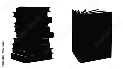 Stacked books and an open book presented as a dark silhouette