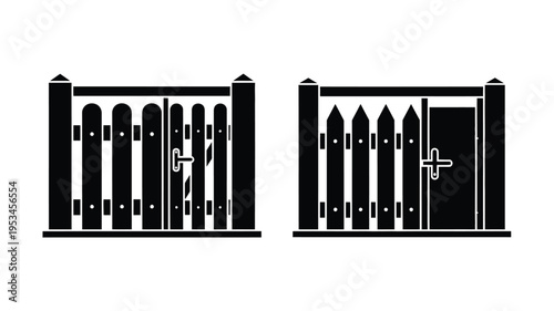 Two black picket fences with gates a striking silhouette