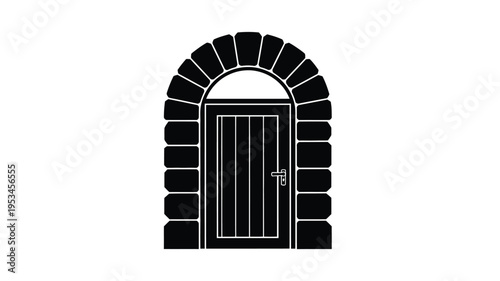 A stark black arched doorway and wooden door minimalist silhouette