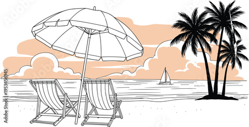 Two white folding beach chairs under a large umbrella on a sandy beach with palm trees