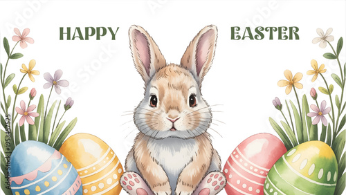 Happy Easter Bunny With Floral Eggs, Cute Watercolor Easter Bunny Illustration, Spring Bunny With Colorful Easter Eggs, Adorable Easter Rabbit Greeting Card Design