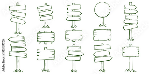 Several blank signposts are arranged in rows on a plain surface.