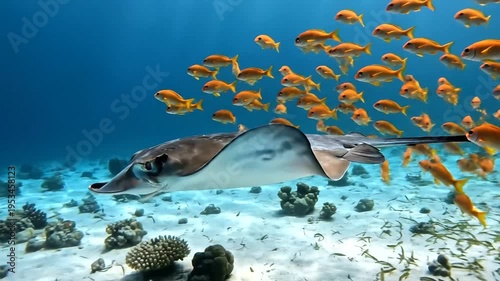 Underwater scene with stingray and fish.