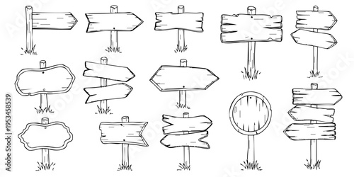 A collection of wooden signs and arrows on posts in various shapes.