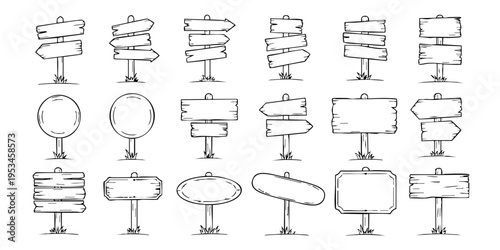 Various signs are displayed on multiple stands in a graphic illustration.