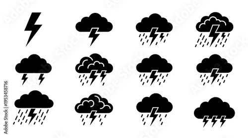 Weather Icons Vector – Lightning, Thunderstorm, Rain Cloud, Heavy Rain, Storm Graphic