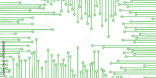 A futuristic green circuit board with numerous interconnected lines and dots spread across a white background.
