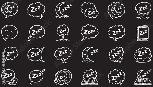 Zzz sleepy faces and thought bubbles on black background