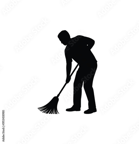 Black silhouette of person sweeping with broom vector illustration EPS PNG file