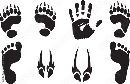 Collection of various foot and hand prints in black silhouette