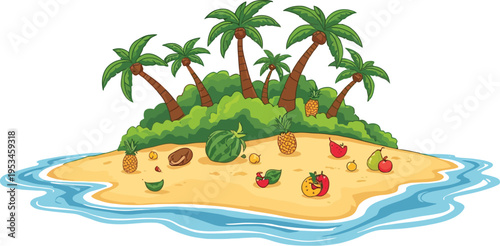   
Tropical island with palm trees and assorted fruits on sandy beach surrounded by ocean perfect for summer vacation illustration