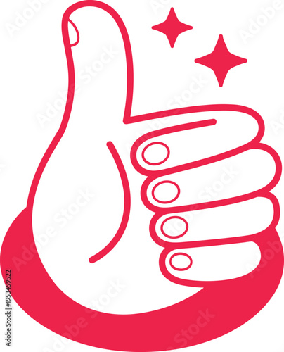 Red outline of a thumbs up hand gesture with sparkling star