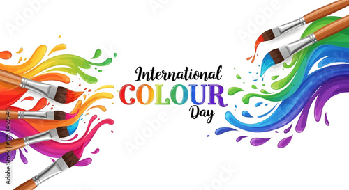 Vibrant paintbrushes with colorful splashes on International Colour Day against a white background with a creative color concept.