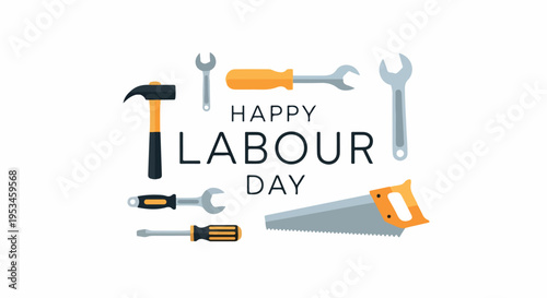 Graphic illustration of Happy Labour Day text surrounded by various tools on a white background with a celebratory mood.
