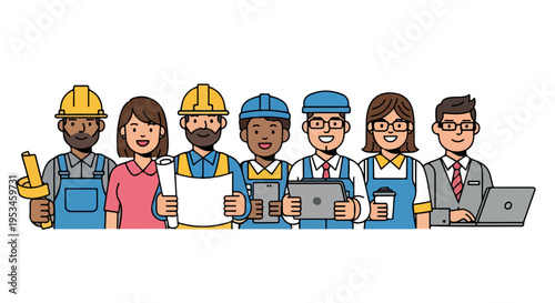 Flat illustration of a diverse team of workers and professionals standing together, holding various tools and devices against a clean white background with a professional and collaborative