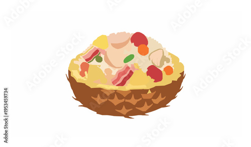 Pineapple fried rice in pineapple bowl with chicken bacon vegetables tropical food vector illustration