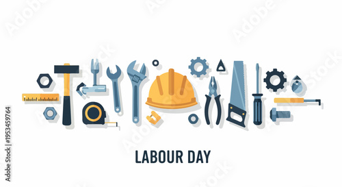 Wallpaper Mural Flat lay of various work tools and a hard hat arranged horizontally with Labour Day text on a white background. Torontodigital.ca