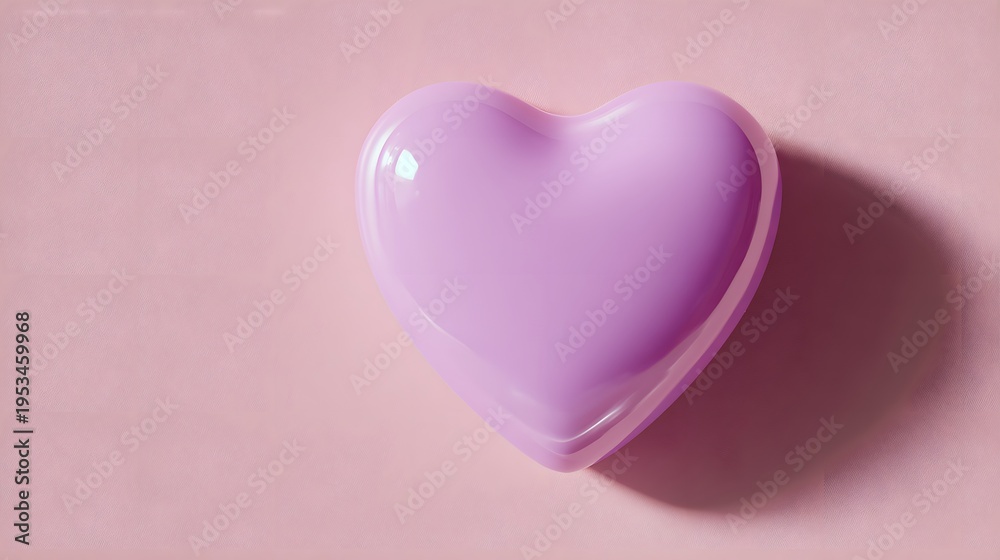 Obraz premium A single glossy lavender heart rests on a soft pink background.