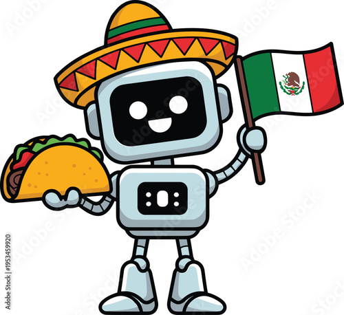 Cute robot wearing a sombrero holding a taco and mexican flag