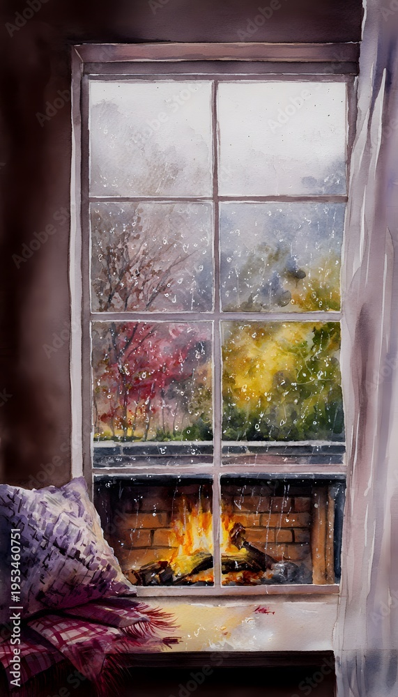 Fototapeta premium Cozy autumn window view watercolor illustration fireplace warmth peaceful interior nature blurred serene atmosphere