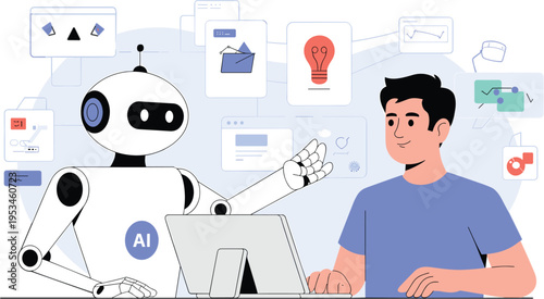 Robot and man working together on laptop with digital interface