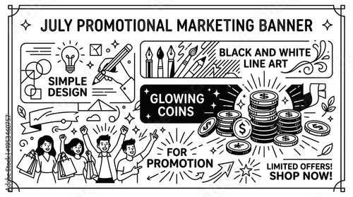 July Promotional Marketing Banner in Black and White Line Art