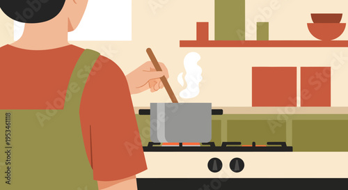 Person Cooking in Kitchen Illustration, Chef Stirring Soup in Pot on Gas Stove, Home Cooking Activity Flat Vector